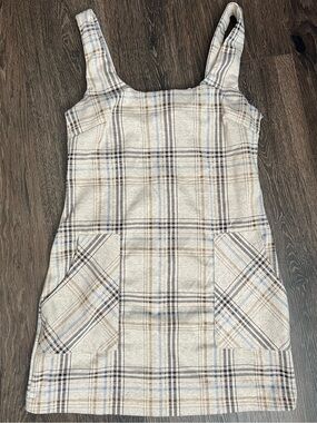 NWT Altar’d State Tan/Blue Plaid Square-neck Mini Dress with Pockets Size Small